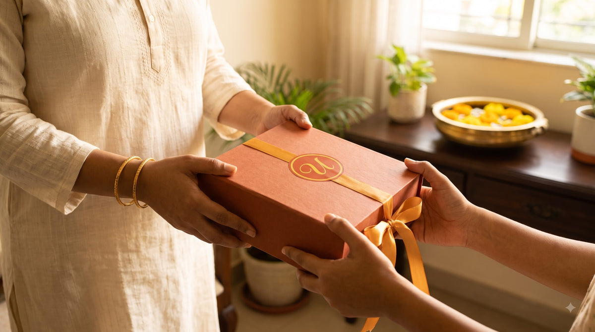Two people exchanging a terracotta gift box tied with a saffron ribbon