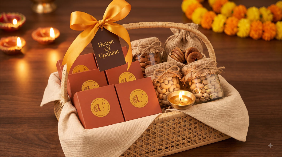 Cane gift basket of dry fruits with a saffron ribbon beside diyas and marigolds
